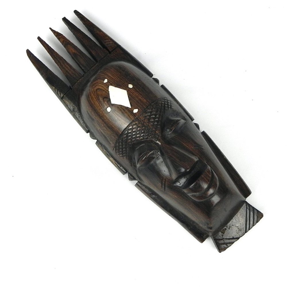 Solid Wood Bone Inlay Sculpture | Carved Face in Dark Wood | Vintage Artwork